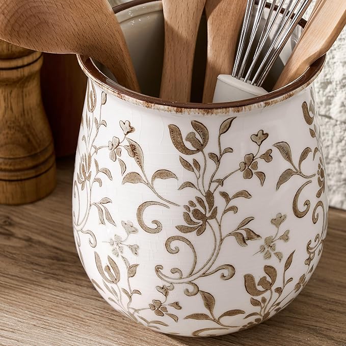 Utensil Holder for Kitchen Counter, Modern Farmhouse Cooking Utensil Holder and Crock Home Kitchen Decor, Ceramic Utensil Organizer for Spatula, Ladle, Eggbeater, Rolling Pin- Brown Flower Patterns