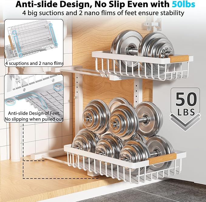 Liuoud Under Sink Organizer 2 Pack, 2 Tier Slide Out Large Capacity Height Adjustable Under Sink Organizers and Storage for Kitchen Bathroom Cabinet, White
