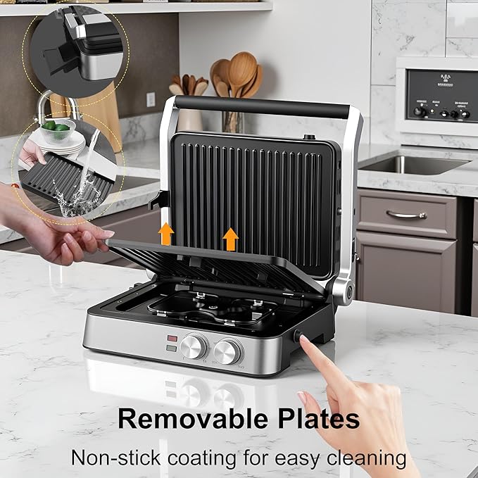 Panini Press,4 Slices Contact Grill with Removable Non-Stick Coated Grill and Flat Plates,Panini Makers with Temperature Control and Timer,Open 180 Degrees,Grill and Griddle (Silver wtih Full SUS)