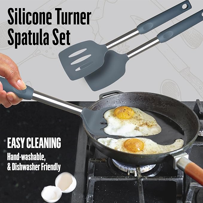 Silicone Spatulas set for kitchen use : Heat Resistant Turner & Slotted Silicone Spatula for Cooking, Non Toxic Kitchen Utensils, Ideal kitchen spatula turner for Eggs & Pancakes (Gray)