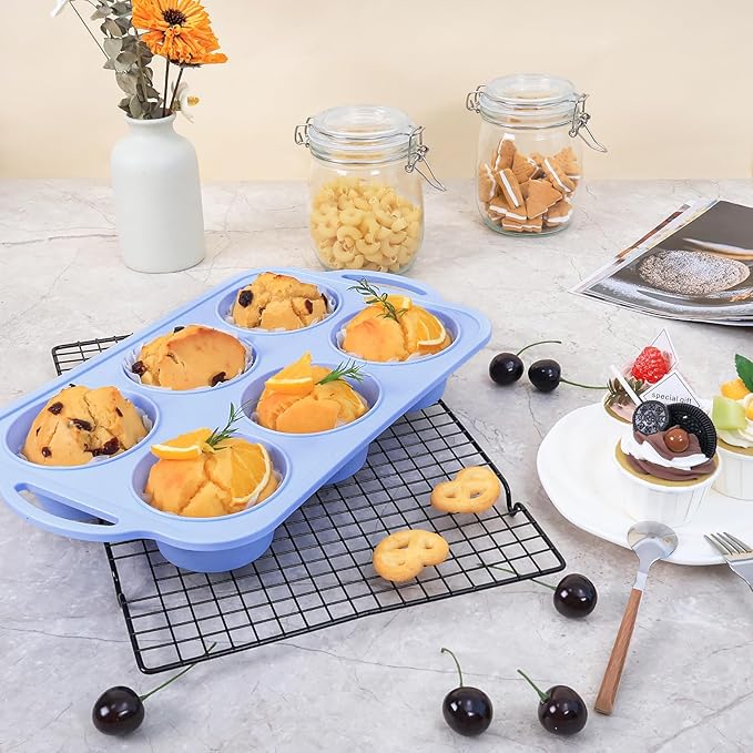 Jumbo Silicone Muffin Pan with Metal Frame, Non Stick Silicone Cupcake Pan with Handles 6 Cup, BPA Free Silicon Muffin Tin Tray Extra Large for baking, egg bites, Cupcake Mold Blue