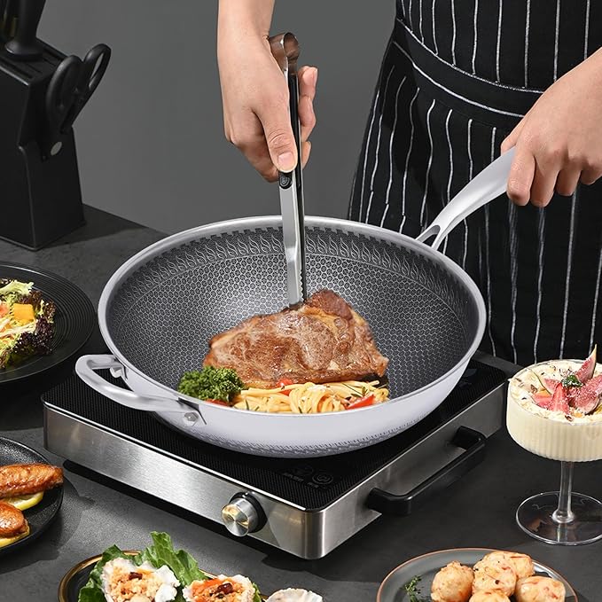 12in Woks & Stir Fry Pans Wok Pan with Lid, No Chemical Coated Chinese Woks for Electric, Induction,Gas Stoves