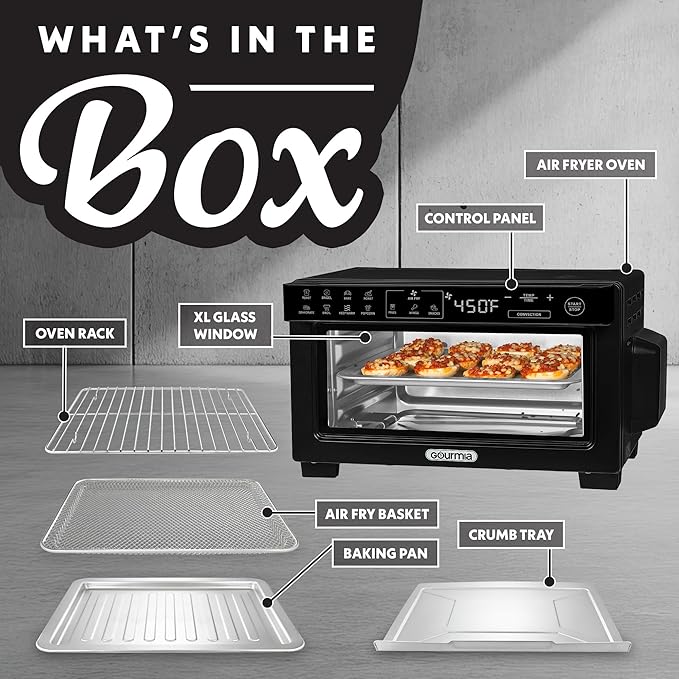 Gourmia Toaster Oven Digital Air Fryer - Convection Mode with 4 Slice Capacity, 3 Rack Positions, 12 Presets, Toast, Bagel, Bake, Roast, Broil, Dehydrate, Popcorn, Fits 9" Pizza, Black