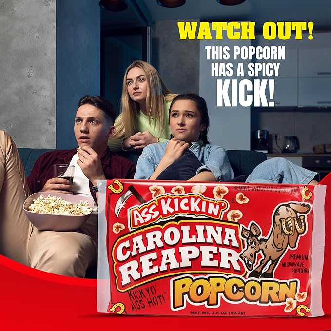 ASS KICKIN’ Carolina Reaper Pepper Microwave Popcorn – 6 Pack - Ultimate Spicy Gourmet Gift Popcorn - Makes a Great Movie Theater Popcorn or Snack Food - Try if you dare!
