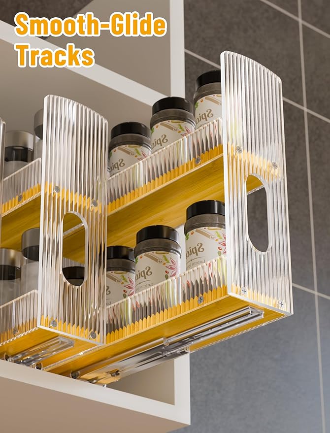 NiHome Bamboo Spice Rack Organizer for Cabinet, 3 Drawer Vertical Pull-Out Storage With Corrugated Acrylic Dividers, Two-Tier Design With Full-Extension Ball Bearing Slides (8.5 Inch Width)