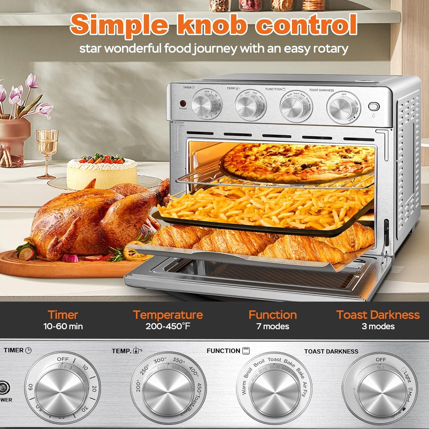 Geek Chef 26 QT Air Fryer Oven, Big Air Fryer, Toast Oven with Bake, Roast, Pizza, Easy to Use & Clean, 6 Slice Toast, Stainless Steel