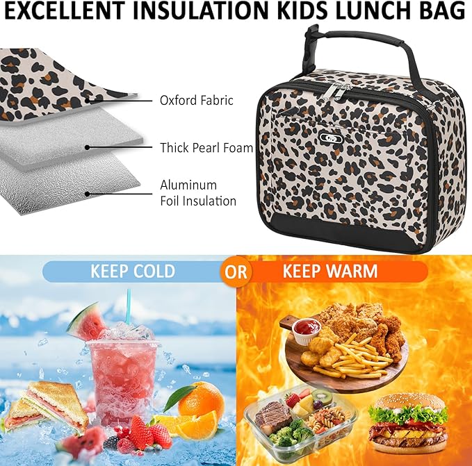 Lunch Box Kids Insulated Lunch Bag for Boys Girls Cute Reusable Lunch Tote Bag Waterproof Portable Thermal Lunch Box Kids for School Picnic Travel Leopard Print