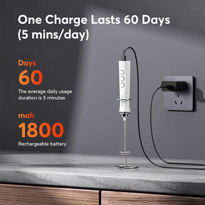 FoodVille MF02 Rechargeable Milk Frother Handheld Foam Maker with Stainless Whisk for Cappuccino, Latte, Bulletproof Coffee, Keto Diet, Protein Powder, Matcha (Pure White)