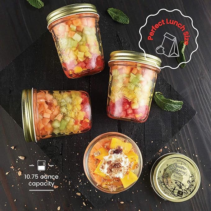 Bormioli Rocco Quattro Stagioni Mason Jar (Set of 6) - 10.75 Oz Wide Mouth Glass Jar with Airtight Twist Lid - Classic Beehive Embossed Design for Canning, Storage & Recipes - Made in Italy, BPA Free