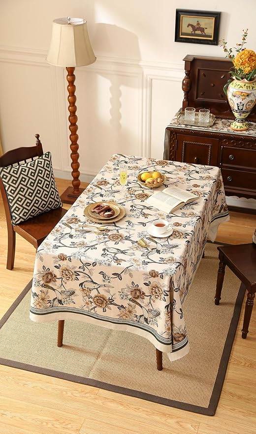 ISAENNE Designer Vintage Linen Rectangular Tablecloth,Floral and Bird Pattern Elegant Table Cloth,Fall Wrinkle Resistant Decor Tablecloths for Dining Kitchen Party Christmas,55"*87"-Murad A