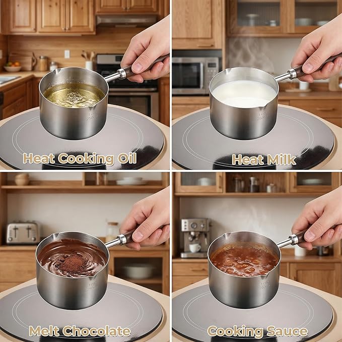 Mini Butter Warmer Stainless Steel Mini Pot 8.5 oz (250 ml) Minis Sauce Pan Cooking Pot Coffee Milk Warmer with Dual Spouts and Wooden Handle for Chocolate Butter Melting