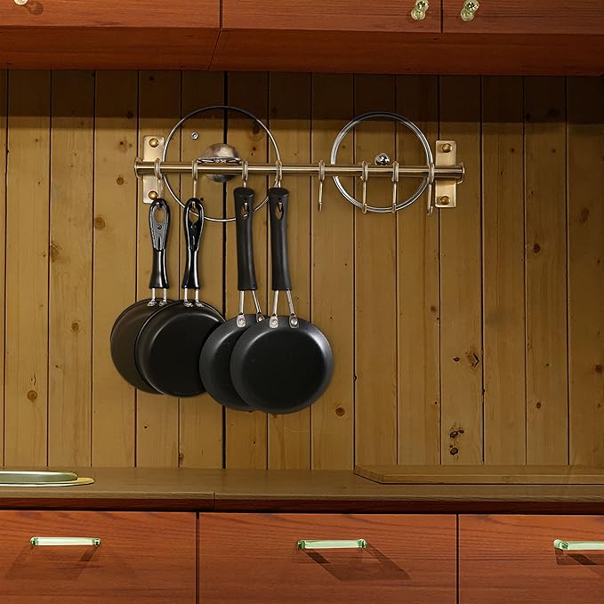Dseap Kitchen Utensil Holder Hanger, Pot and Pan Rack Wall Mount, Kitchen Rail with 8 Hooks for Hanging Cooking Utensils, Mugs, Spoons, Wall Mounted, Stainless Steel, Bronze