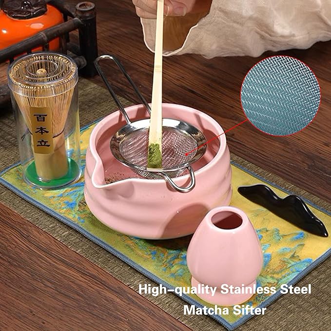 Matcha Whisk Set, 5 Pcs Matcha Kit for Matcha Lovers - Matcha Bowl with Spout, Matcha Whisk and Holder, Bamboo Matcha Scoop and Stainless Steel Sifter, Pink Ceramic Matcha Set