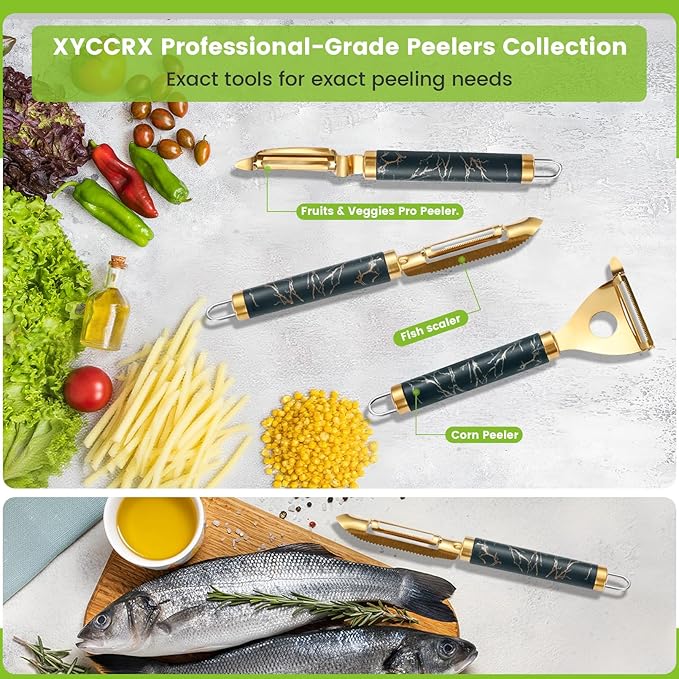 3Pcs Premium 304 Stainless Steel Potato Vegetable Peelers for Kitchen, Ultra Sharp Fruit Peeler & Fish Scaler with Real Wood Handle, Y Peeler for Corn, Apple, Carrot