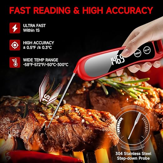 2025 Upgraded Meat Thermometer Digital-1 Second Instant Read Food Thermometer with Large LED Display-IP67 Waterproof Kitchen Thermometer for Grilling and Cooking for Oven, BBQ, Smoker, Candy, Turkey