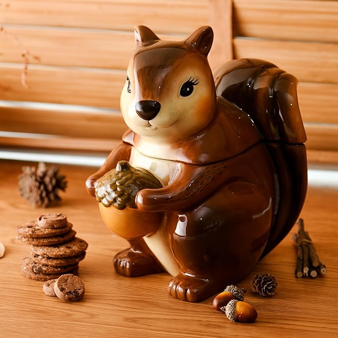 Bico Squirrel 8 inch Air Tight Cookie Jar, Hand Painted Ceramic Container, Dishwasher Safe