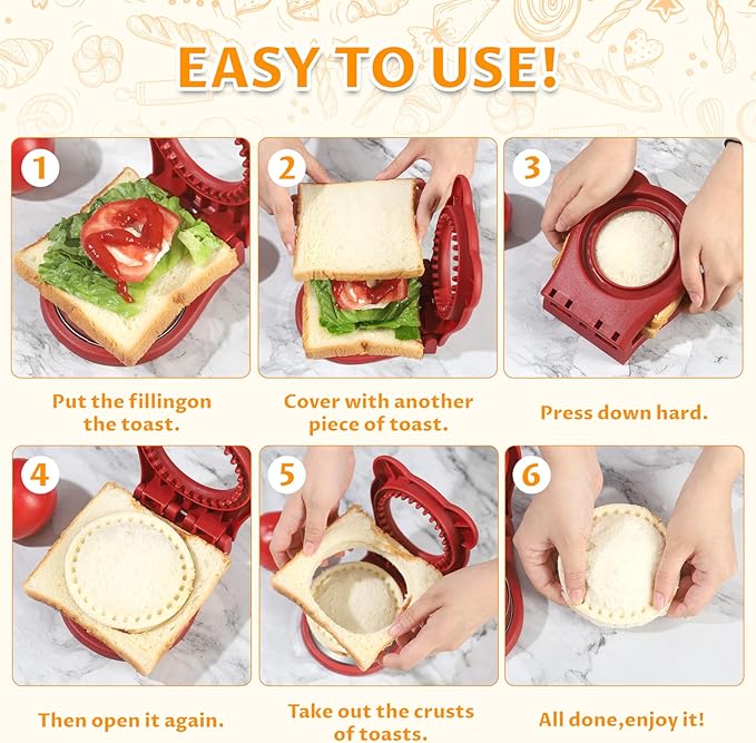CHICHAUS Uncrustable Sandwich Maker,Sandwiches Pocket Circle Shape 3.7Inch Sandwich Cutter and Sealer,Sandwich Cutter for Kids Breakfast and lunchboxes (Red)