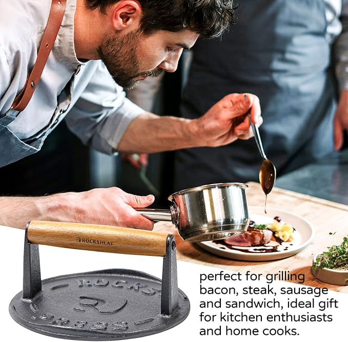 7 Inch Bacon Press, Heavy Duty Cast Iron Grill Press, 2.5 lbs Round Smash Burger Press with Wood Handle & Raised Edge, Food-Grade Griddle Press for Hamburger Bacon Seared Steak Sandwiches and Panini