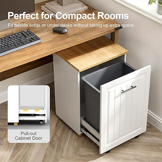 ZIFTY 10 Gallon Pull Out Trash Can Cabinet, Freestanding Kitchen Trash Bin Cabinet, Hidden Garbage & Recycling Cabinet, Pet Proof Trash Can Holder for Kitchen, Laundry & Living Room (White)