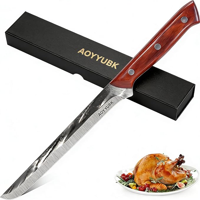 8" Carving Knife - Professional Brisket Slicing Knife for BBQ, Turkey, Ham | High Carbon Stainless Steel | Rosewood Handle | Gift Box Included