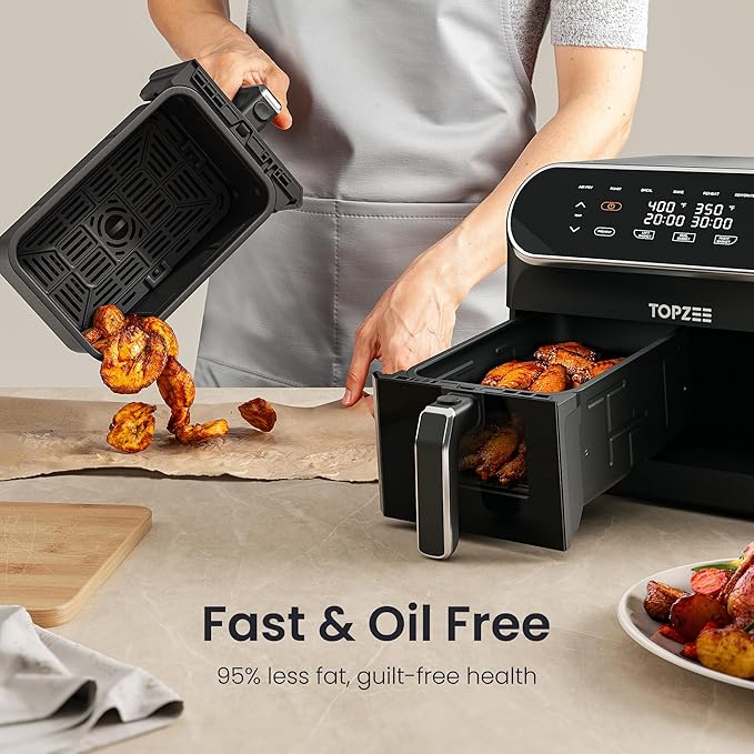TOPZEE 8 Quart Large Air Fryer - Dual Basket Airfryer with Easy View Windows, Preheat, Air Fry, Roast, Broil, Bake, Dehydrate, 2 Independent 4 QT Nonstick Dishwasher Safe Baskets, Black