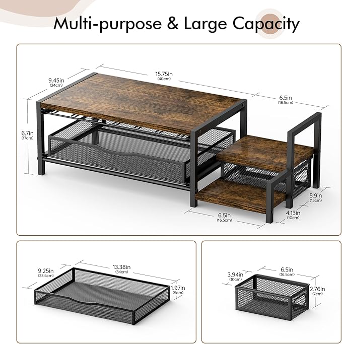 K Cup Holder, 2-Tier Coffee Pod Holder for 60 Pods, K Cup Drawer Organizer with Sliding Storage Drawer, Coffee Bar Station Organizer for Countertop, Space Saving, Home & Office, Brown