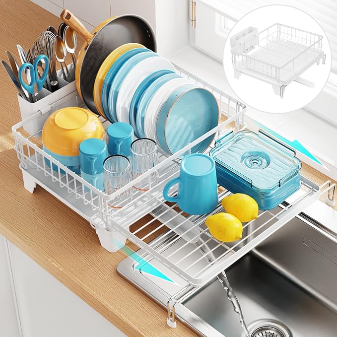 GSlife Expandable Dish Drying Rack for Kitchen Counter, Large Capacity 2-in-1 Rust Resistant Dish Drainer with Swivel Spout and Pull Out Over Sink Extension, 16.7" W x 12.6"-22.4" L, White