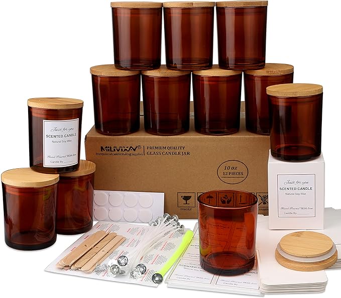 MILIVIXAY 12 pcs 10 OZ Amber Glass Candle Jars with Lids and Candle Making Kits - Bulk Empty Candle Jars for Making Candles - Spice, Powder Containers.