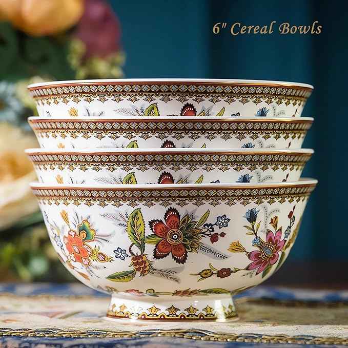 ACMLIFE Bone China Dinnerware Set for 4, 12-Piece Vintage Floral Dinnerware Set, Kitchen Plates and Bowls Set, China Plates Set, Mother's Day, Gifts for Women, Thanksgiving Dinnerware Sets(Pink)