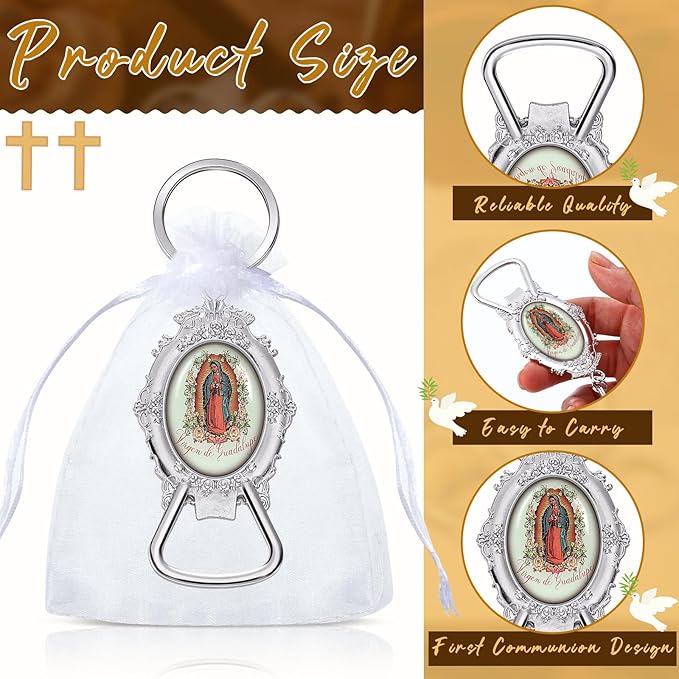 Misdary 24 Pcs Our Lady of Guadalupe Bottle Opener Keychain Catholic Bottle Opener with Organza Baptism Party Favor for Guest