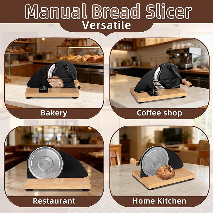 Manual Bread Slicer for Homemade Sourdough Bread Adjustable Thickness Bread Cutter with Hand Crank, Slicing Guide, Scale Line, Stainless Steel Blade & Suction Cups, for Perfect Even Slices (Black)