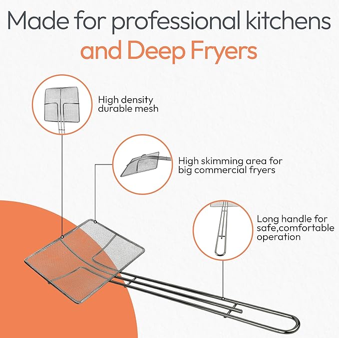 Wire Mesh Strainer with Long Handle | 4-Pack | 6.5" Square Frying Spoon | Cooking Oil Strainer for Deep Fryer & Professional Restaurant Use | Commercial Grease Skimmer