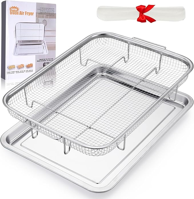 Air Fryer Basket for Oven, 15.6" x 11.6" Large Air Fryer Tray and Pan with 30 PCS Parchment Papers, Stainless Steel Oven Air Fryers Basket and Air Fryer Pan Rack for Cooking Baking and Broiling