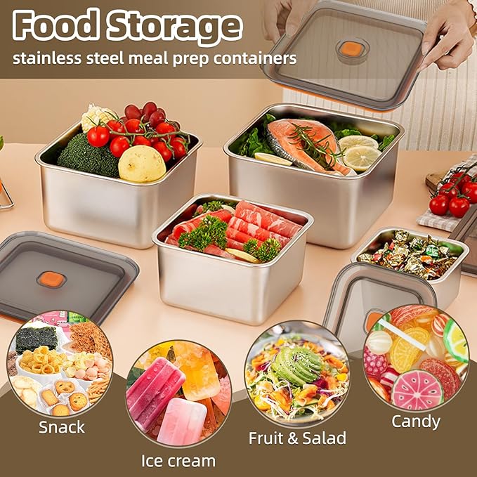 2 PCS Stainless Steel Food Storage Containers(100oz) with Lids Leak Proof & Airtight | Square Stainless steel freezer Containers,For Meal Prep,Fruit,Snack,Freezer