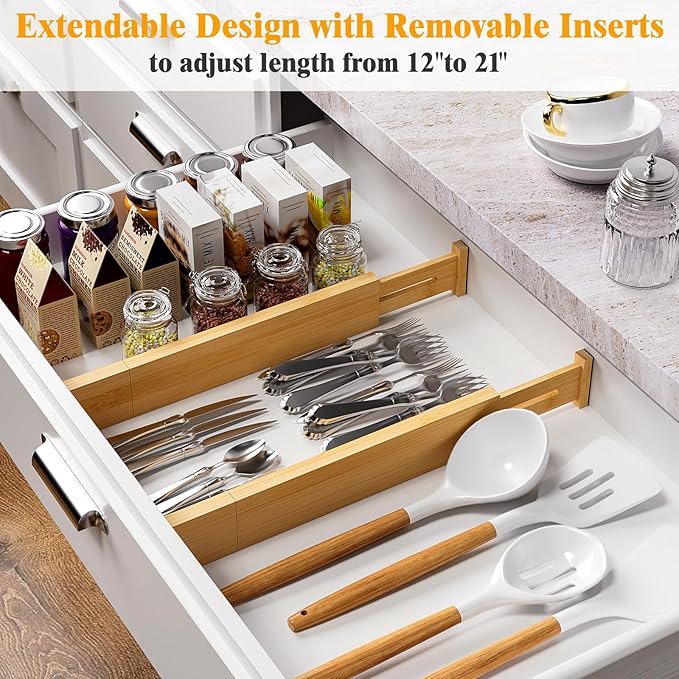 Bamboo Drawer Dividers,12-21" Adjustable Drawer Organizers for Clothes,Expandable Dresser Separators in Kitchen/Bedroom/Bathroom/Vanity/Office Organization and Storage,8-Pack