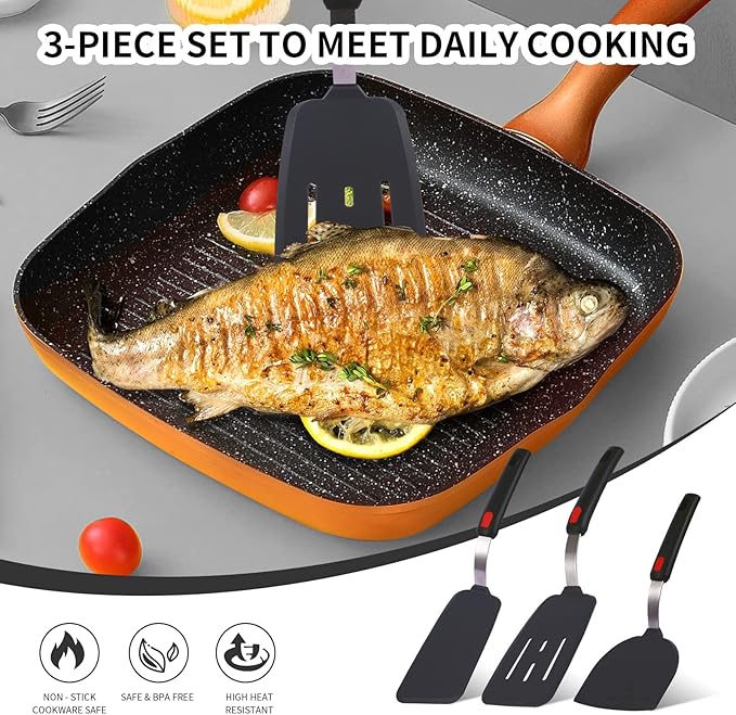 Kitchen Cooking Utensils Large Silicone Spatulas Turner Heat Resistant 3-Pack Set For Nonstick Cookware,BPA-Free Rubber Thin Slotted Flexible Flipper Spatula for Egg,Pancake,Fish,Cookie,Steak