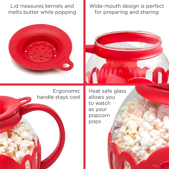 Ecolution Patented Micro-Pop Microwave Popcorn Popper with Temperature Safe Glass, 3-in-1 Lid Measures Kernels and Melts Butter, Made Without BPA, Dishwasher Safe, 1.5-Quart, Red (Pack of 4)