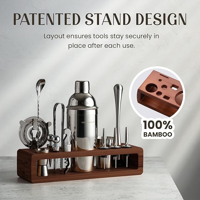 Modern Mixology 21-Piece Cocktail Shaker Set with Stand, Bartender Kit for Home Bar Accessories: 24oz Martini Shaker, Jigger, Strainer, Bar Spoon, Tongs, Opener, Muddler (Silver, Dark Brown Stand)