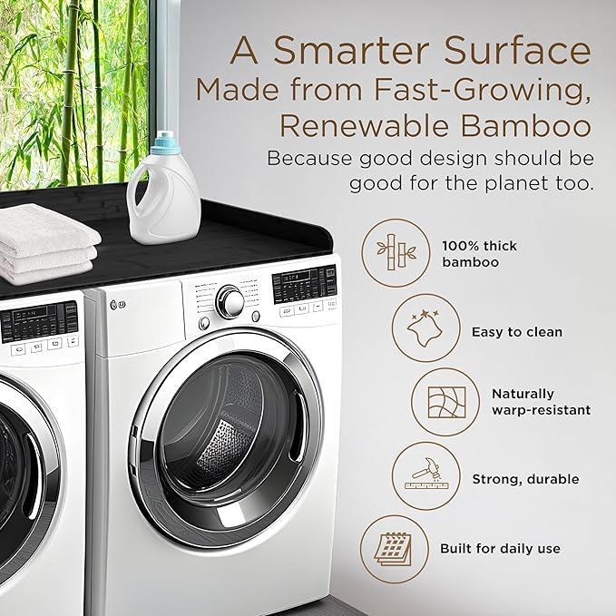Solid Bamboo Washer Dryer Countertop, Laundry Wood Shelf Topper with Non-Slip Pads, Edge Rails and High Back Rail for Laundry Room Storage & Organization, Washer Dryer Counter Storage, 25"W x 54" L