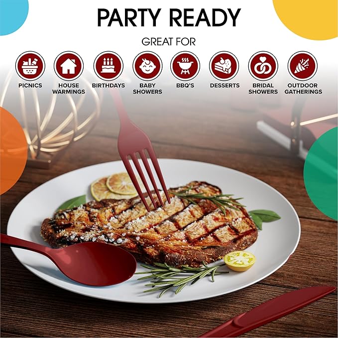 Party Solids Burgundy Plastic Silverware Heavy Duty 300 Pieces Burgundy Plastic Cutlery Sets, Utensil Sets, 100 Of Each Forks, Knives & Spoons Disposable Cutlery Set, Flatware Set For Party Supplies