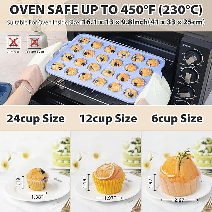 Mini Silicone Muffin Pan with Metal Frame, Non Stick Silicone Cupcake Pan with Handles 24 Cup, BPA Free Silicon Muffin Tin Tray Small for baking, egg bites, Cupcake Mold Blue