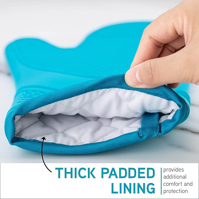 COOK WITH COLOR Silicone Oven Mitts- Heat Resistant Gloves with Soft Quilted Lining Oven Mitt Pot Holders for Cooking and BBQ, Teal, Mitt Set