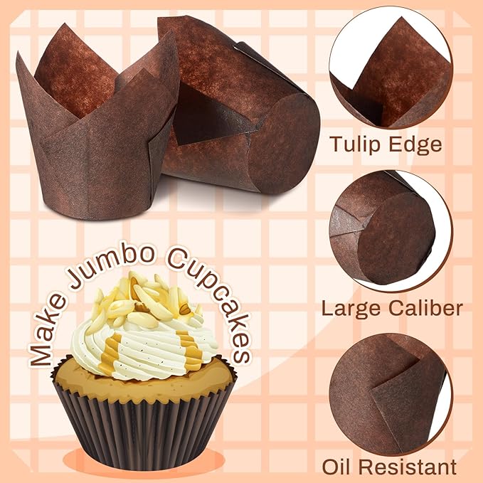 Motiskyy 600 Pcs Jumbo Muffin Liners for Baking 2-1/4" x 4" Large Tulip Cupcake Liners Greaseproof Cupcake Wrapper Paper for Weddings Birthday Christmas Anniversaries Party (Brown)