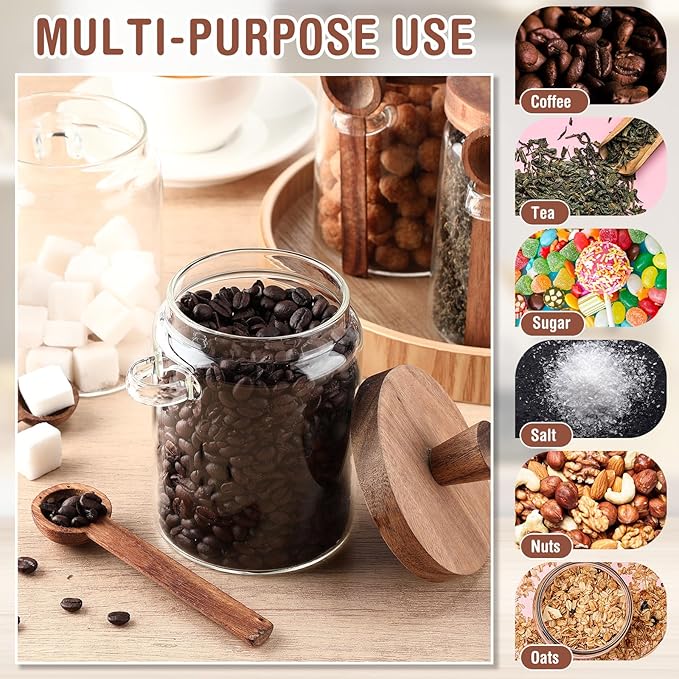 Remerry Set of 6 Glass Jar with Wooden Lid and Spoon, Clear Airtight Spice Canisters Glass Food Storage Kitchen Containers Set for Coffee Bean Tea Sugar (20 oz)