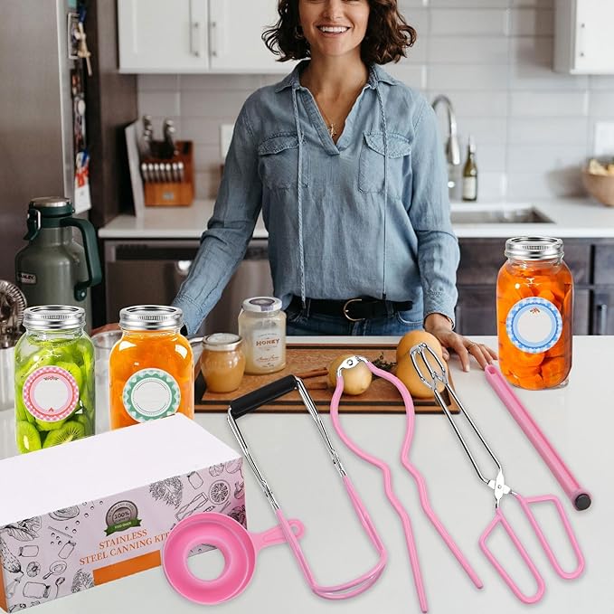 Home Canning Supplies Starter Kit, Food Grade Stainless Steel Canning Tools with Jar Lifter Tongs, Funnel, Labels, Magnetic Lid Lifter, Essential Canning Accessories Equipment Set for Beginners, Pink