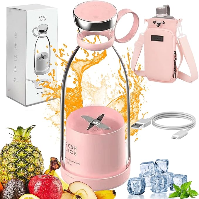 Upgraded Fresh Juice Blender Bottle Portable, Juicer Portable Blender Shake, 380ML USB/Magnetic Charging for Shakes and Smoothies, with Travel Cup and Lid (Pink,USB charging)