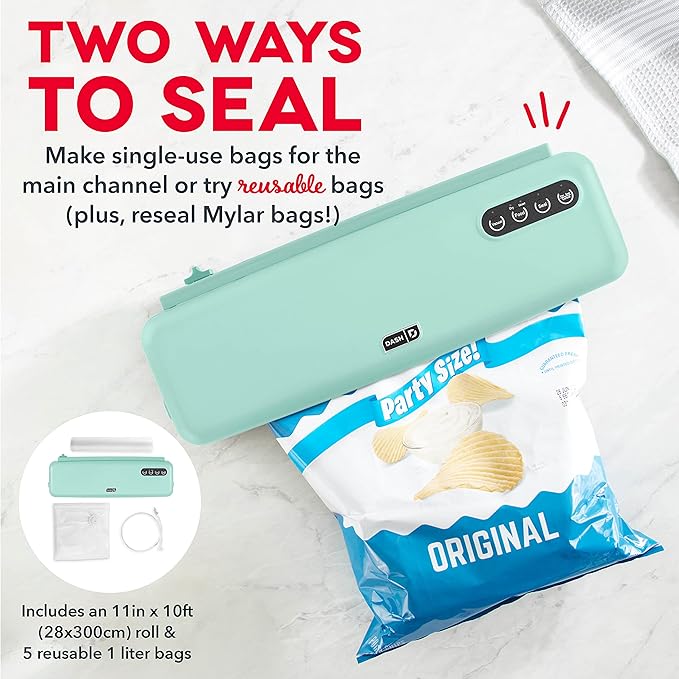 Dash SuperSeal Vacuum Sealer - Airtight Meal Packaging for Sous Vide & Safe Food Storage - Includes Single-Use & Reusable Bags - Aqua