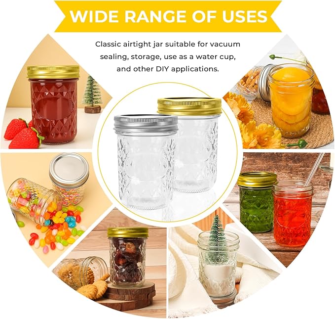 CycleMore Mason Jars 8 oz, 24 Pack Canning Jars with Mixed Color Airtight Lids, Half Pint Canning Jar Ideal for Fermenting, Jam, Honey, Pickling, Wedding/Shower Favors, DIY Decors