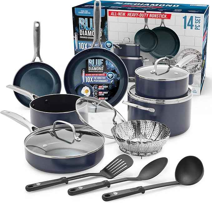 Blue Diamond 14 Piece Cookware Set, Diamond Infused PFAS & PFOA-Free Ceramic Nonstick Pots and Pans, Durable, Non Toxic, Metal Utensil Safe & Scratch Resistant, Dishwasher & Oven Safe, Blue