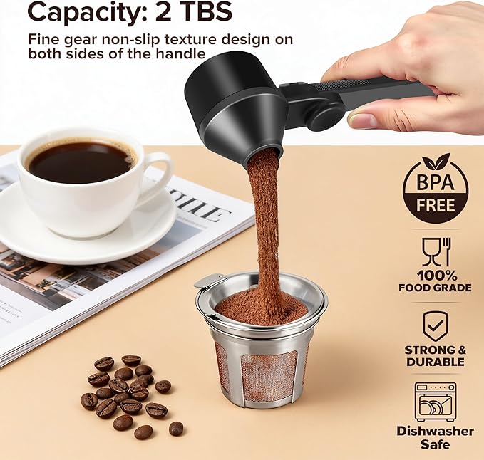 Coffee Scoop Fits Reusable K-Cups 2Tbsp, Food-Grade PCTG Funnel Scoop, Mess-Free & Precise Measuring for Coffee, Protein, Powder & Hot Cocoa (Black,1Pack)
